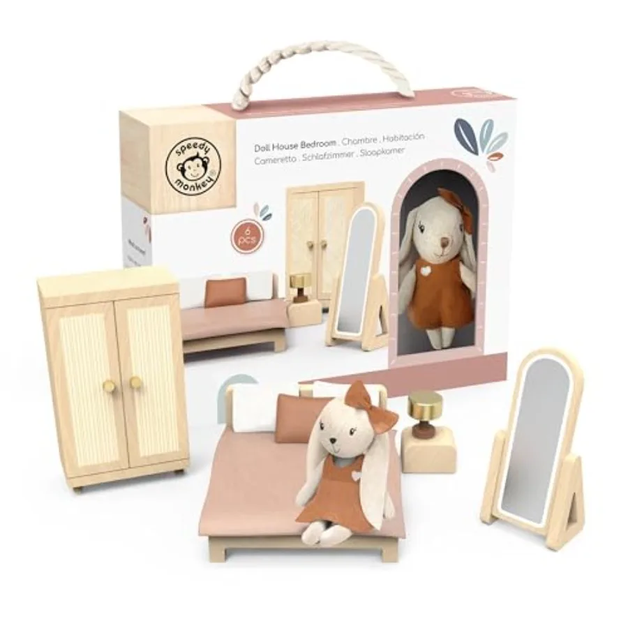 

Wooden Doll House Bedroom Playset with Bunny Character and Furniture for Pretend Play Imaginative Room Decor in Pastel Colors C