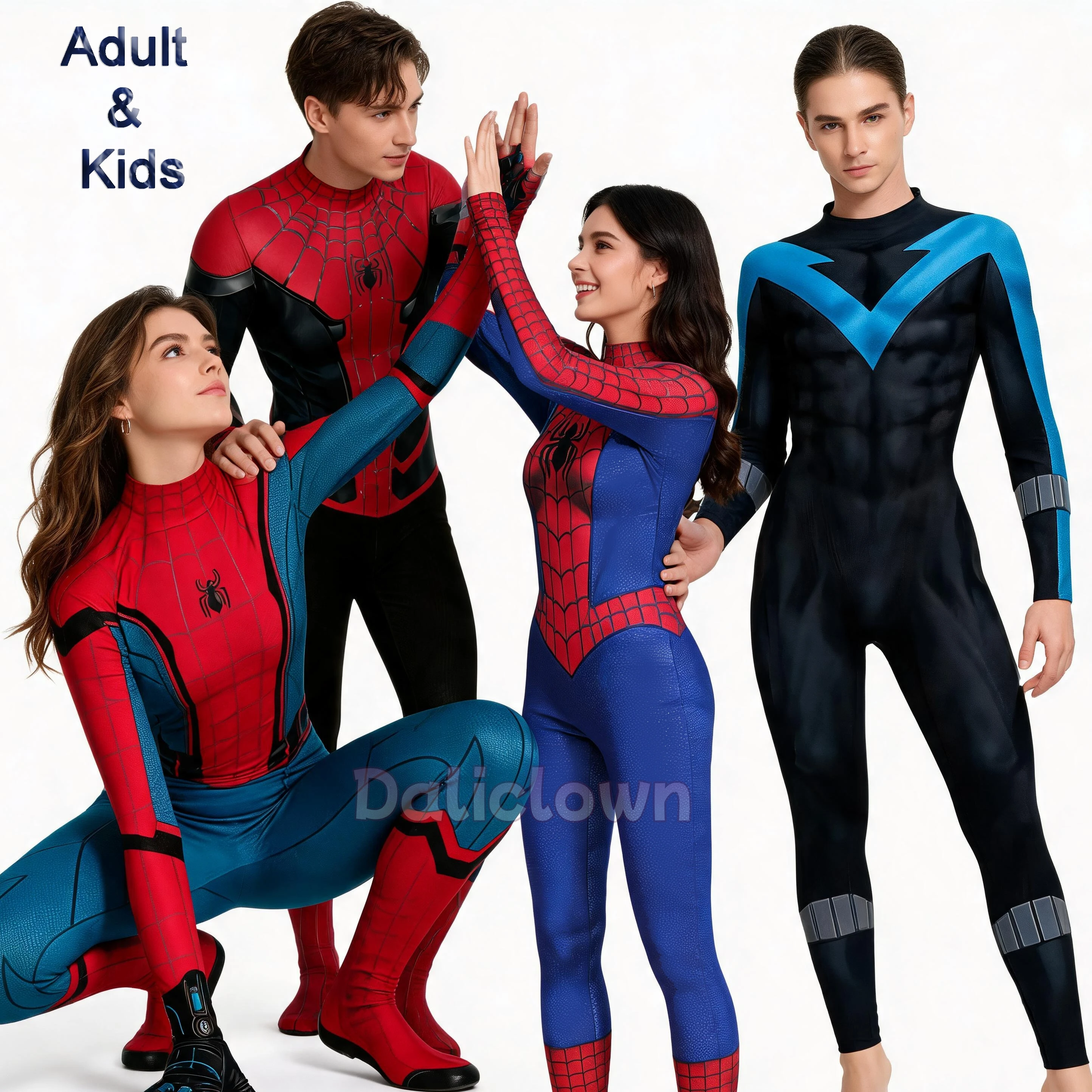 Erwachsenen- und Kinder-Spidey-Kostüm Nightwing Superhelden-Zentai-Anzug Jumpsuit für Männer und Frauen Cosplay Bodysuit Halloween-Party-Outfit