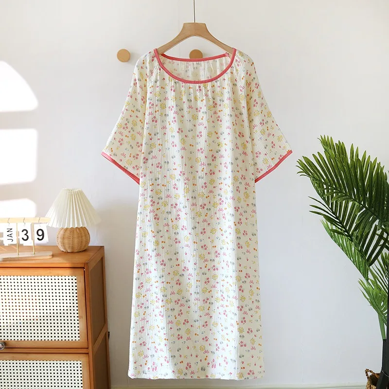 2024 Summer New Women Pajamas 100% Cotton Women Nightdress Round Neck Dress For Women NightWear Home Sleepdress Round Neck