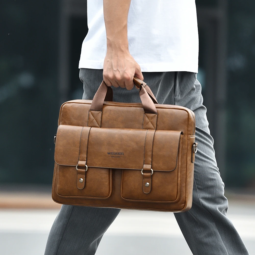 WEIXIER حقيبة أعمال رجالية بولي Leather جلد سعة كبيرة 15.6 بوصة حقيبة لابتوب عادية الرجال الكتف حقيبة كروسبودي الرجال حقيبة يد
