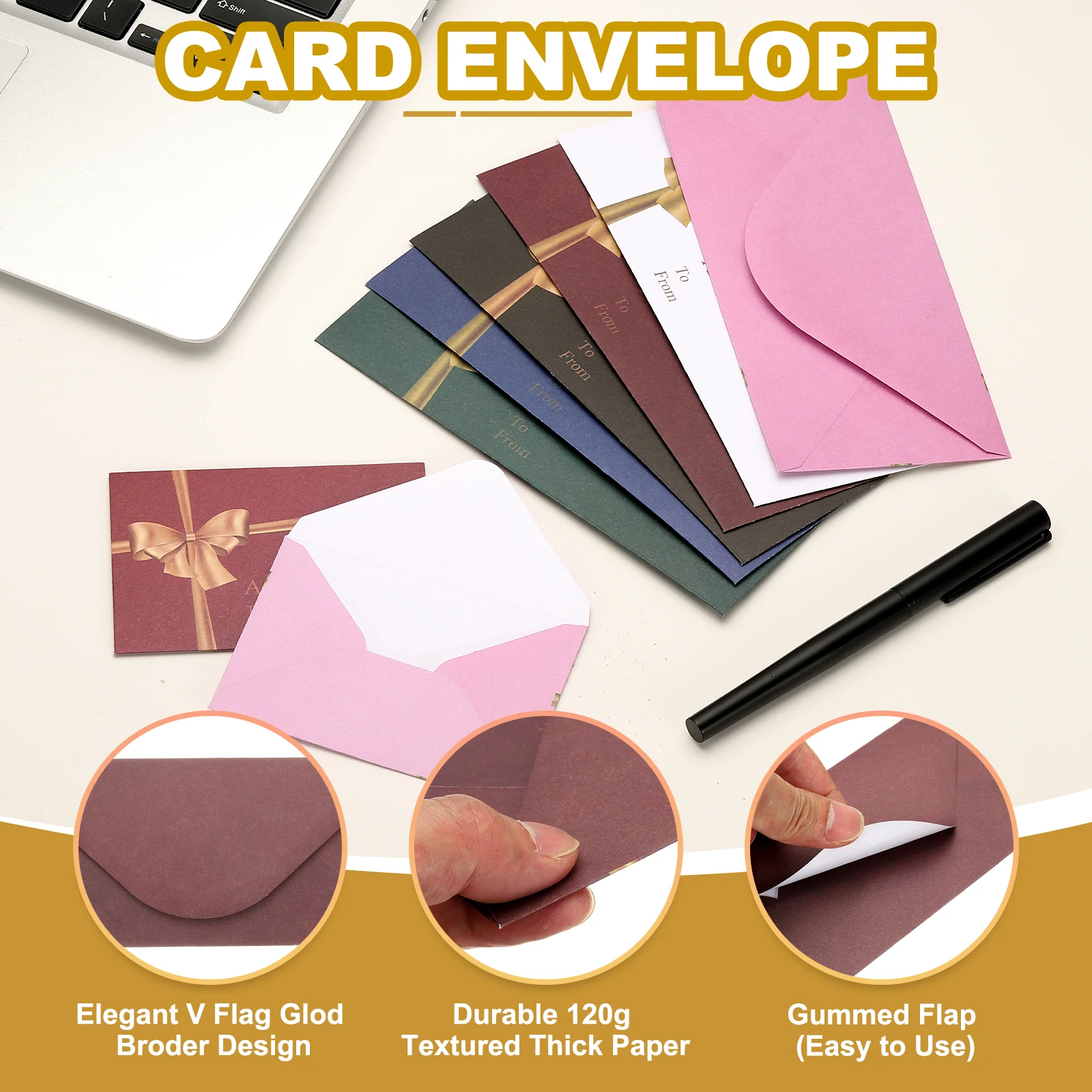 50Pcs Mini Envelopes V Flap Small Business Card Envelopes with Gold Ink Pen for Greeting Cards Wedding Invitations Party Gifts