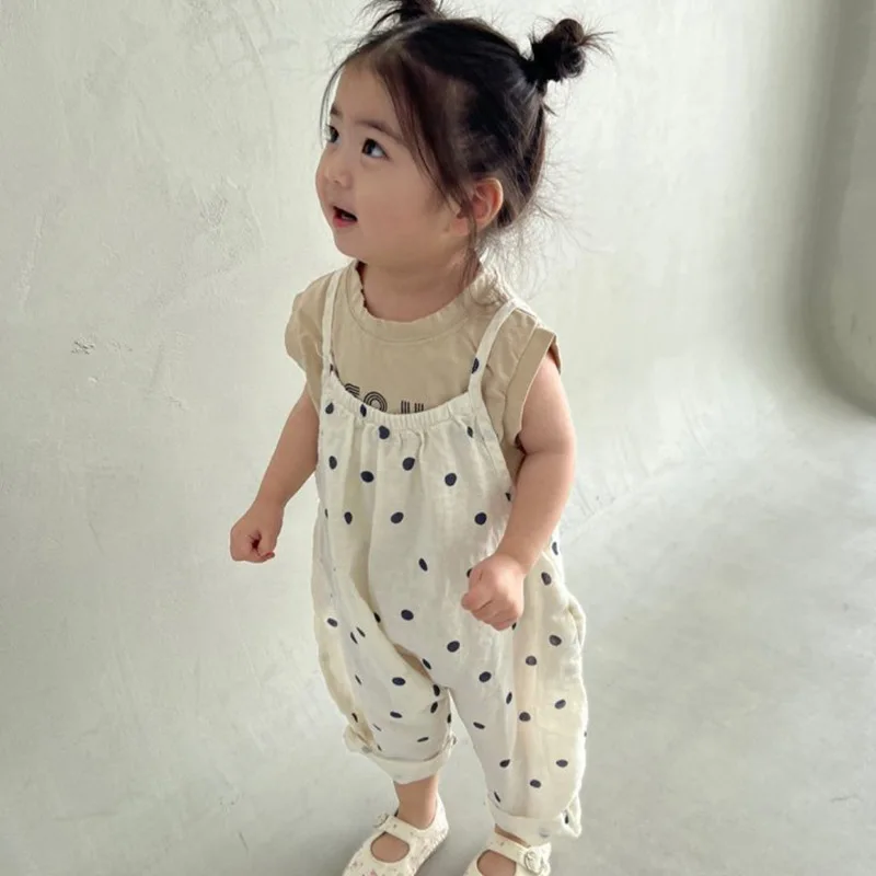 

Summer New Girls Casual Overalls Thin Cotton Baby Girl Dot Print Sling Romper Toddler Girls Solid Jumpsuit Kids Loose Trousers