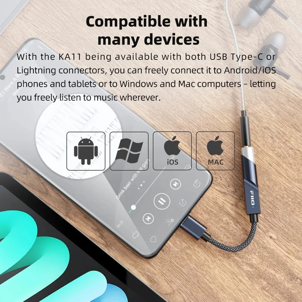 FiiO KA11 USB C إلى 3.5 مللي متر محول الصوت 32bit/384 كيلو هرتز نوع C إلى 3.5 مللي متر USB دونغل HiFi DAC مضخم ضوت سماعات الأذن لنظام أندرويد/فوز