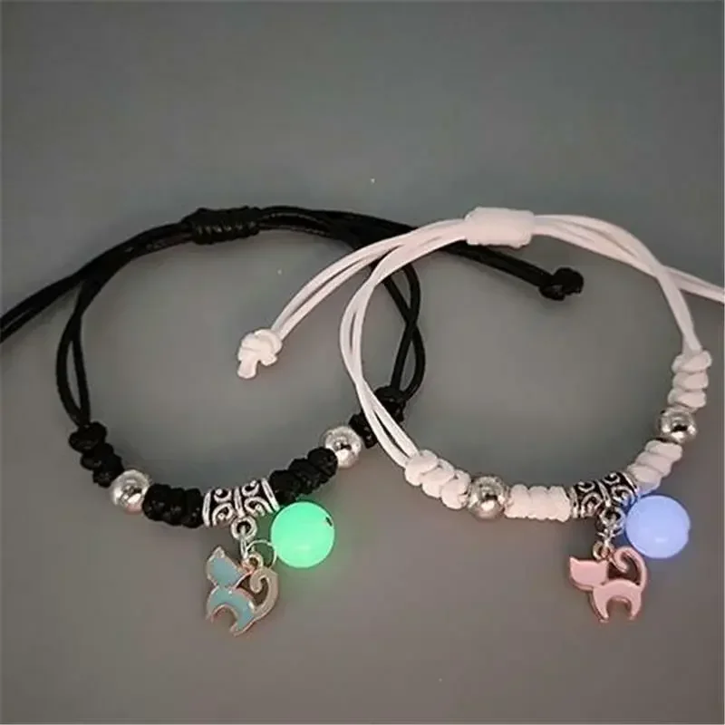 2PC Luminous Beads Star Couple Bracelet for Women Men Charm Cat Flower Heart Key Lock Cross Matching Friend Bracelets Jewelry