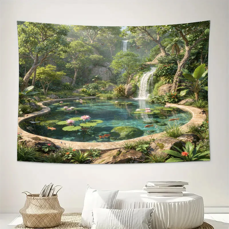 Large Decorative Tapestry Boho Chic Waterfall Nature Wall Hanging Tropical Botanical Greenery Zen Living Room Decor Artwork