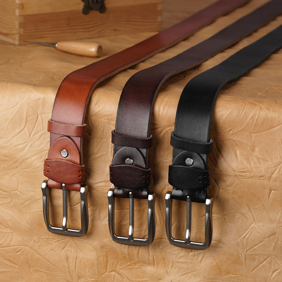 بيسون الدنيم خمر جلد أصلي للرجال حزام جودة عالية فاخرة مصمم دبوس مشبك حزام الخصر للجينز #3