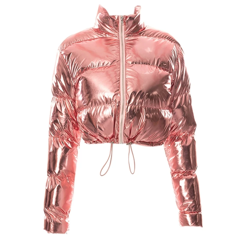 Women Shiny Mirror Faux Leather Puffer for Jacket Long Sleeve Up Stand Collar Cropped Padded Coat Drawstring Hem Dropship