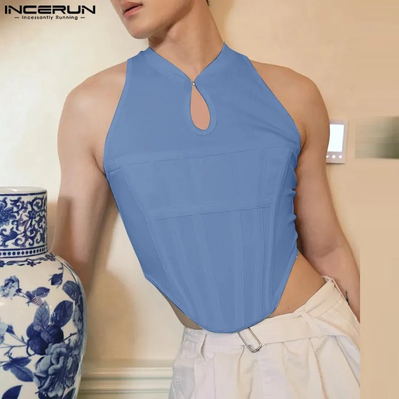 INCERUN Corset Waist Tanks Men Sexy Solid Color Sleeveless Tops 2024 Deconstruction Design Vests Chinese Style Elegant Tank Tops