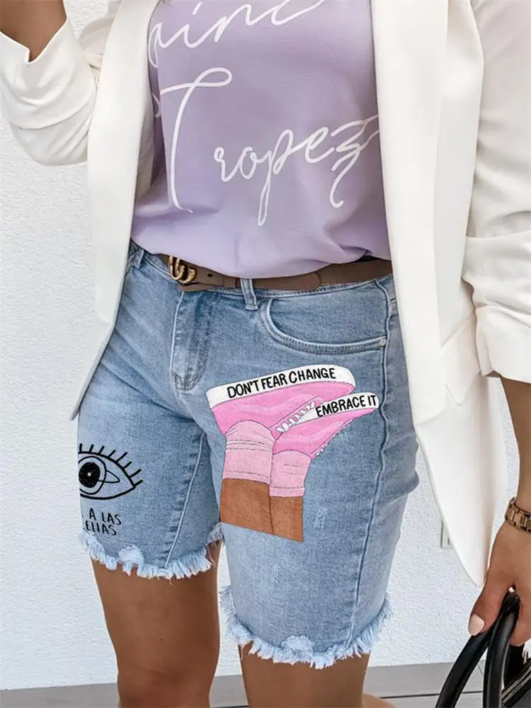 

Women's Denim Shorts 2024 Summer New Skate Shoes Printed Punk Style Casual Plus Size Denim Shorts