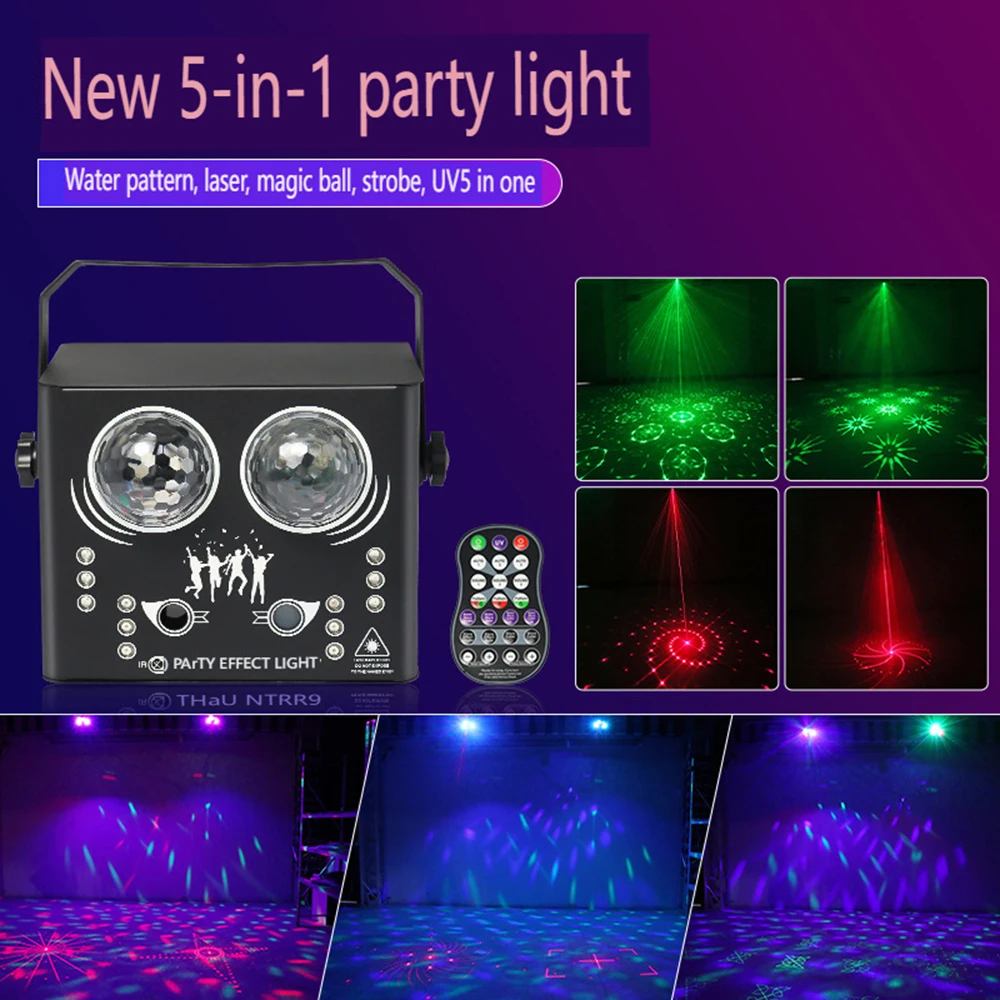 

DJ Disco LED 5 IN1 Stage Laser Light Effect Bee Eye UV Black Light Strobe Party Wedding Holiday Event Sound Activated Lamp