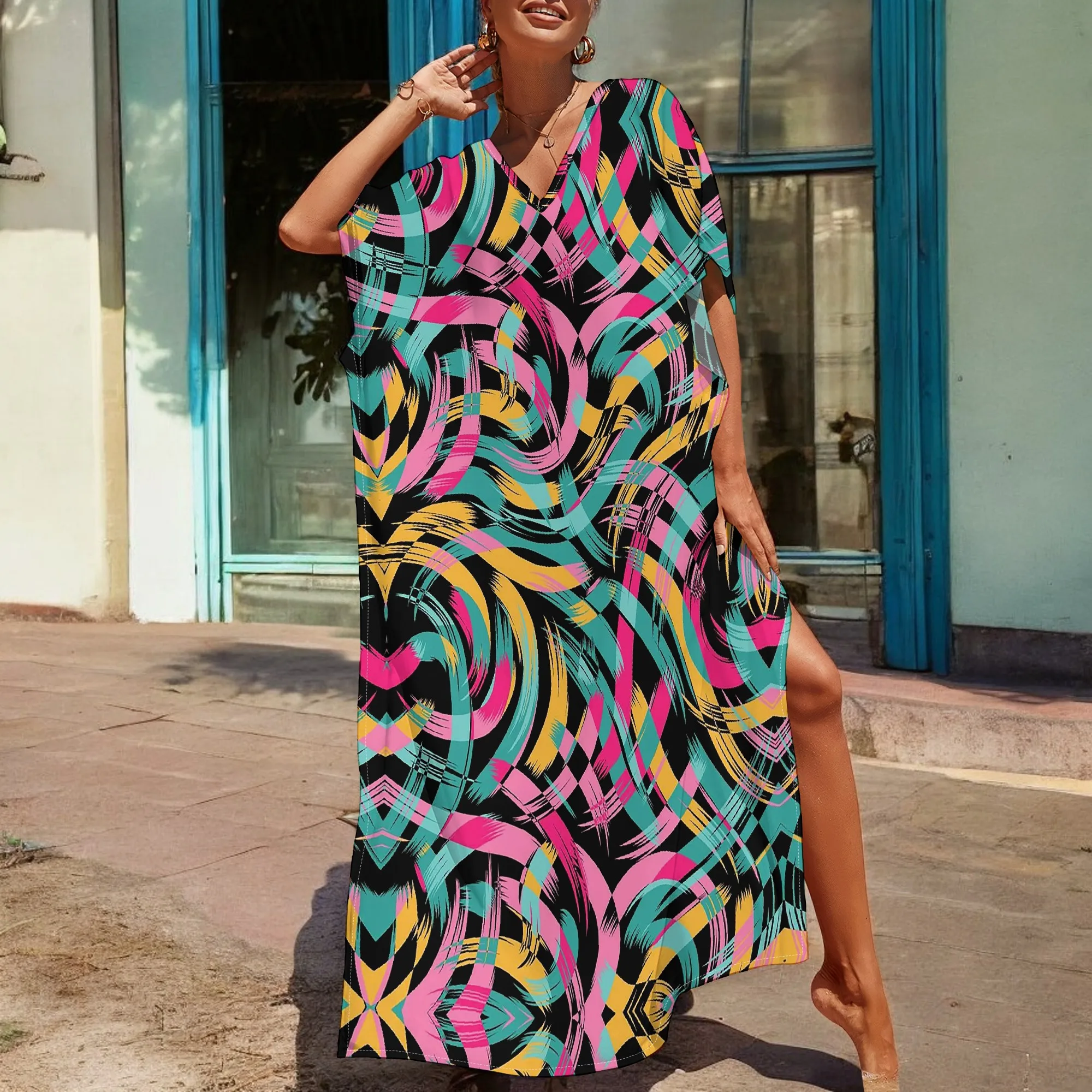 

Women's Abstract Print Maxi Dress Boho Loose Fit V-Neck Short Sleeve Dress with Slit for Beach Vacation Wear S-3XL