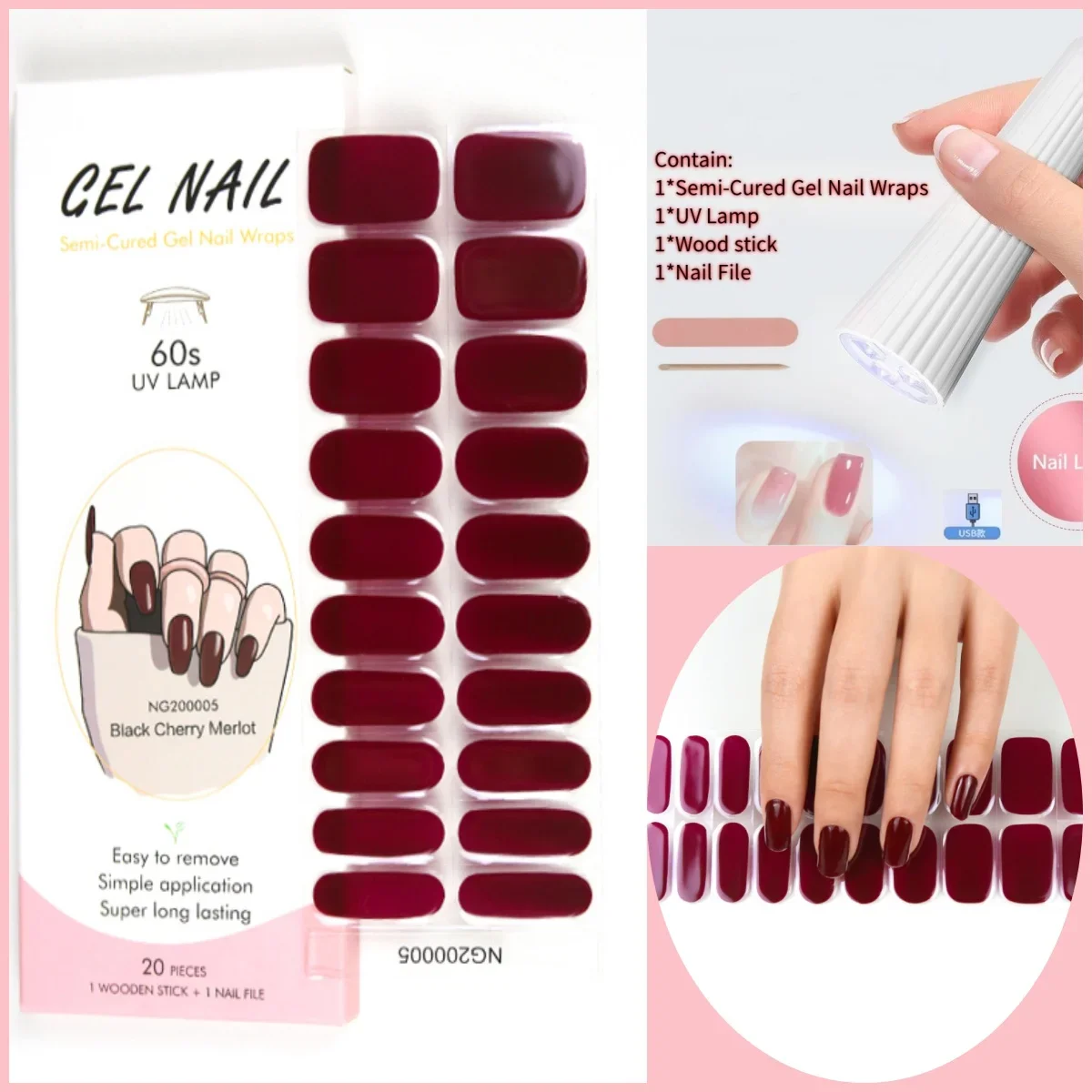 4 szt./zestaw 20 końcówek NG Półutwardzone żelowe paski do paznokci UV z lampą do paznokci Błyszczące naklejki na paznokcie Zestawy do manicure