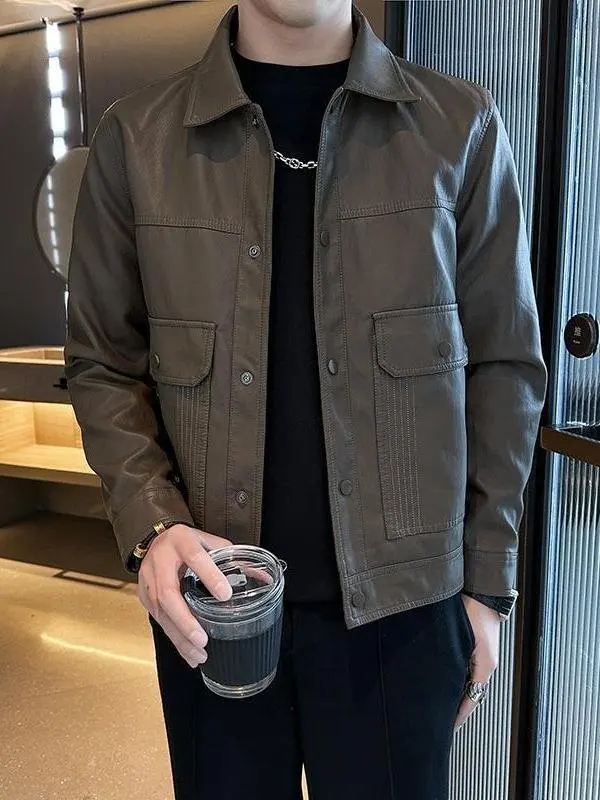 

Spring 2025 Slim Fit PU Leather Jaet ort Collar Youth Faion Busin Sle Long Sve Double Sided Wear CleanFit