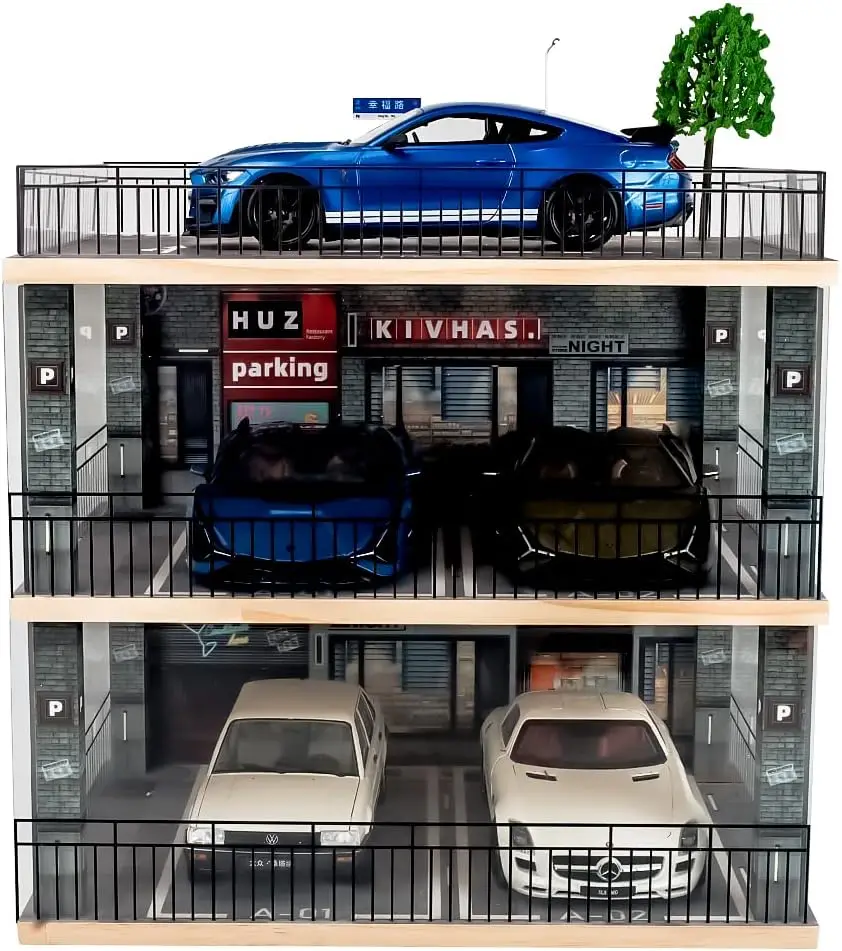 

1:18 Scale 3-Tiers Model Car Display Case with Parking Lot Scene for Sports Car and Lego Models Collector, Display Stand