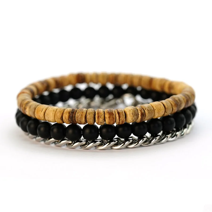 Unique 3Pcs/Set Men Bracelet Stainless Steel Cuban Chain Link Braslet Natural Coconut Husk Wooden Braclet Hiphop Rock Pulseras