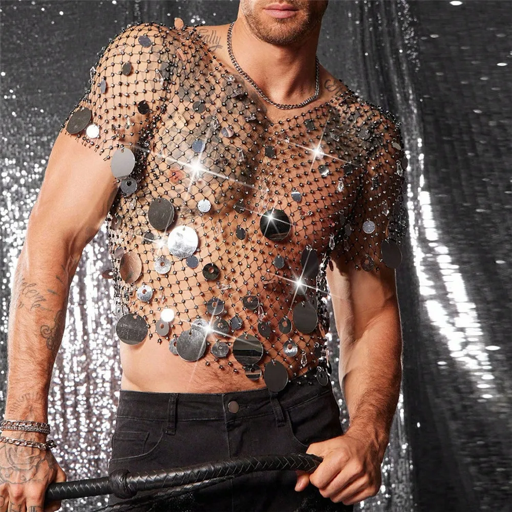 

Men's Nightclub Flashy V-Neck Short Sleeve Summer Sexy Openwork Mesh Top Breathable Beaded Sequined Design Men's Clothing