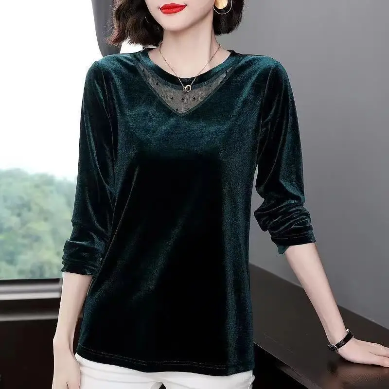 Autumn Winter Mesh Spliced Vintage Round Neck Tops Women\'s Clothing Fashion All-match Female Solid Color Long Sleeve Pullovers