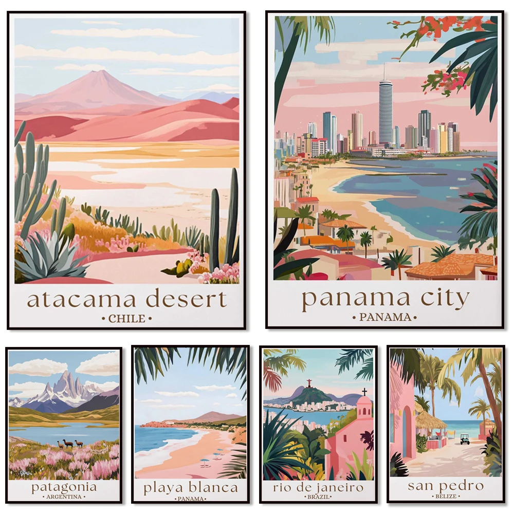 مدينة بنما، كوباكابانا البرازيل، ملح Uyuni المسطح، شاطئ بانا، سان بيدرو، شلال استوائي، غواتيمالا، ملصق سفر على الشاطئ #1