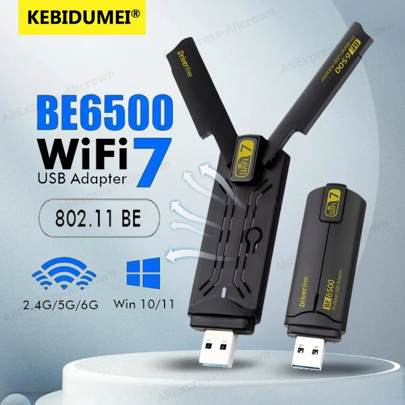 

USB-адаптер KEBIDUMEI WiFi 7 BE6500, трехдиапазонная беспроводная сетевая карта USB3.0 2,4G/5G/6 ГГц, 6500/1800/900 Мбит/с, 802.11BE для Win10/11