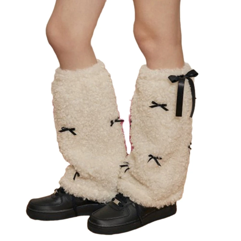 Bow Furs Leg Warmer Winter Furry Long Boot Cuffs Fuzzy Shoe Cover Party Costume for Holiday Festival Performances Play