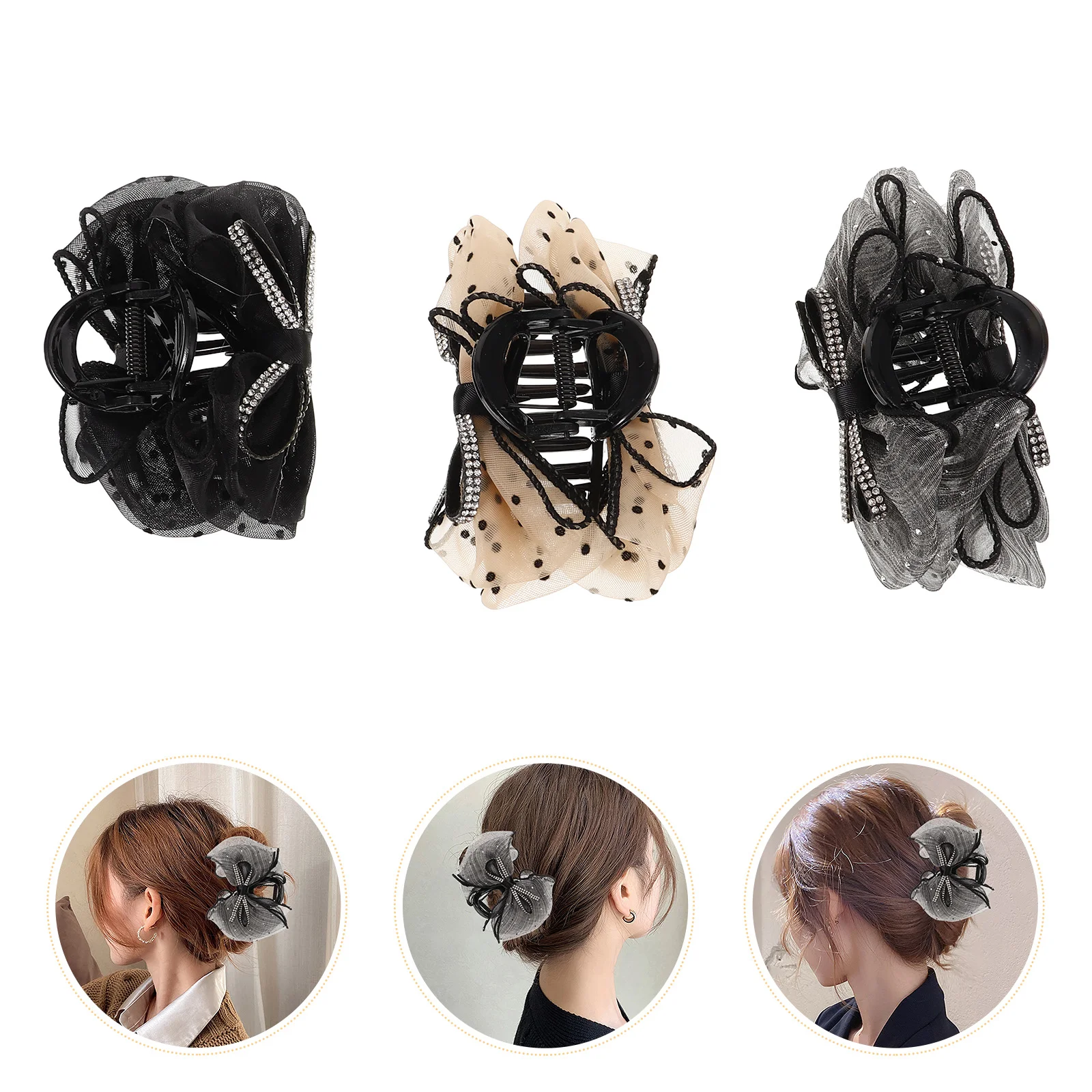 

3 Pcs Bow Clip Large Claw Clips for Thick Hair Shark Accessories Women Bowknot Resin Mesh Claws