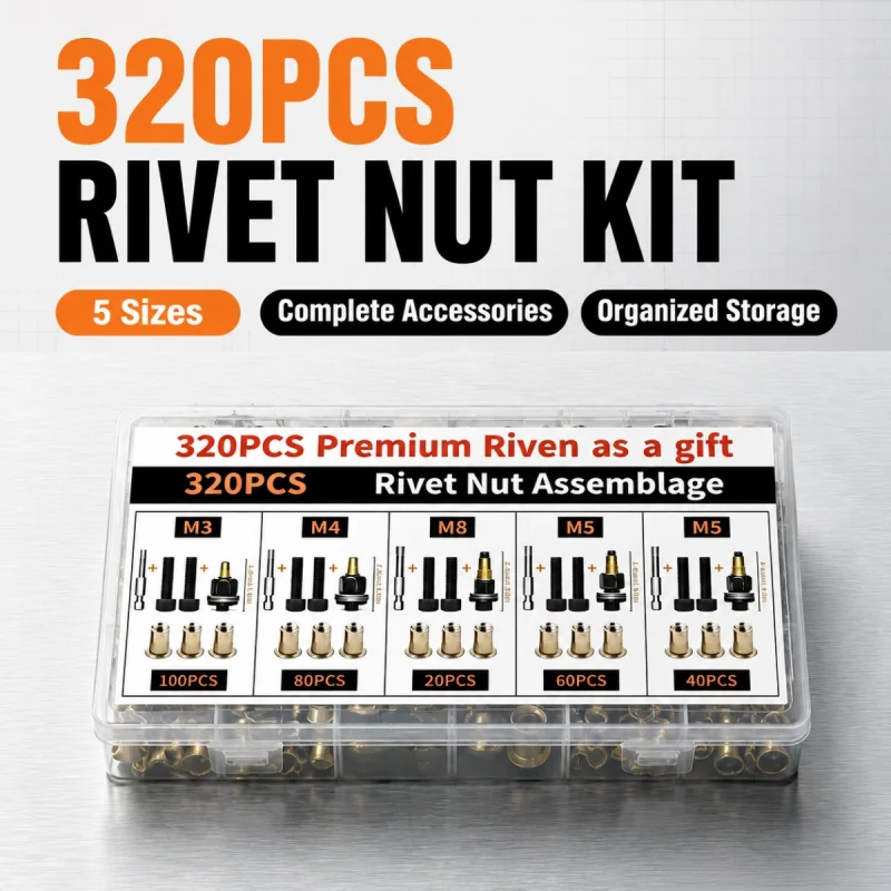 320PCS Head Rivet Nut Tool M3 M4 M5 M6 M8 Rivnut Kit Carbon Steel Rivnut Set Threaded Rivet Nut Kit Manual Riveter Rivnuts