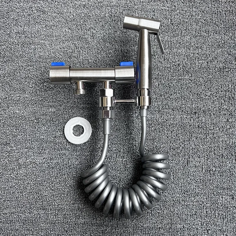 Stainless Steel Handheld Shower Kit with Double Outlet Angle Valve, 4.8-Inch Hose and Wall Bracket for Bathroom Cleaning