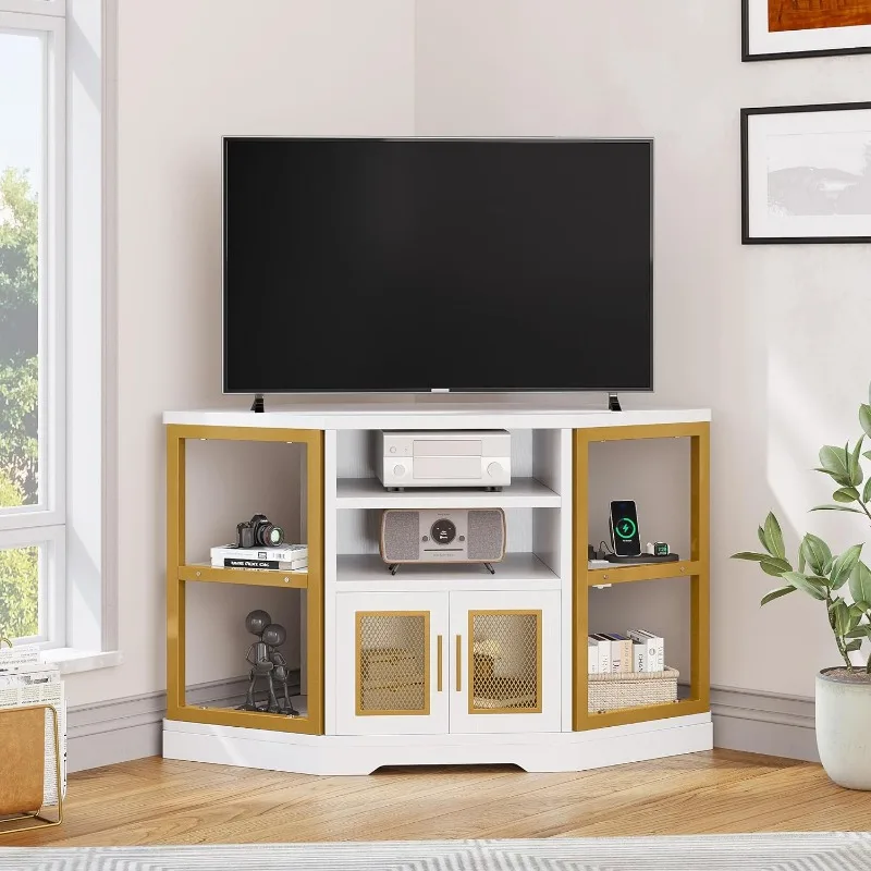 Support TV d'angle pour téléviseurs jusqu'à 55 pouces avec prise de courant, centre de divertissement de ferme moderne, console multimédia TV en bois