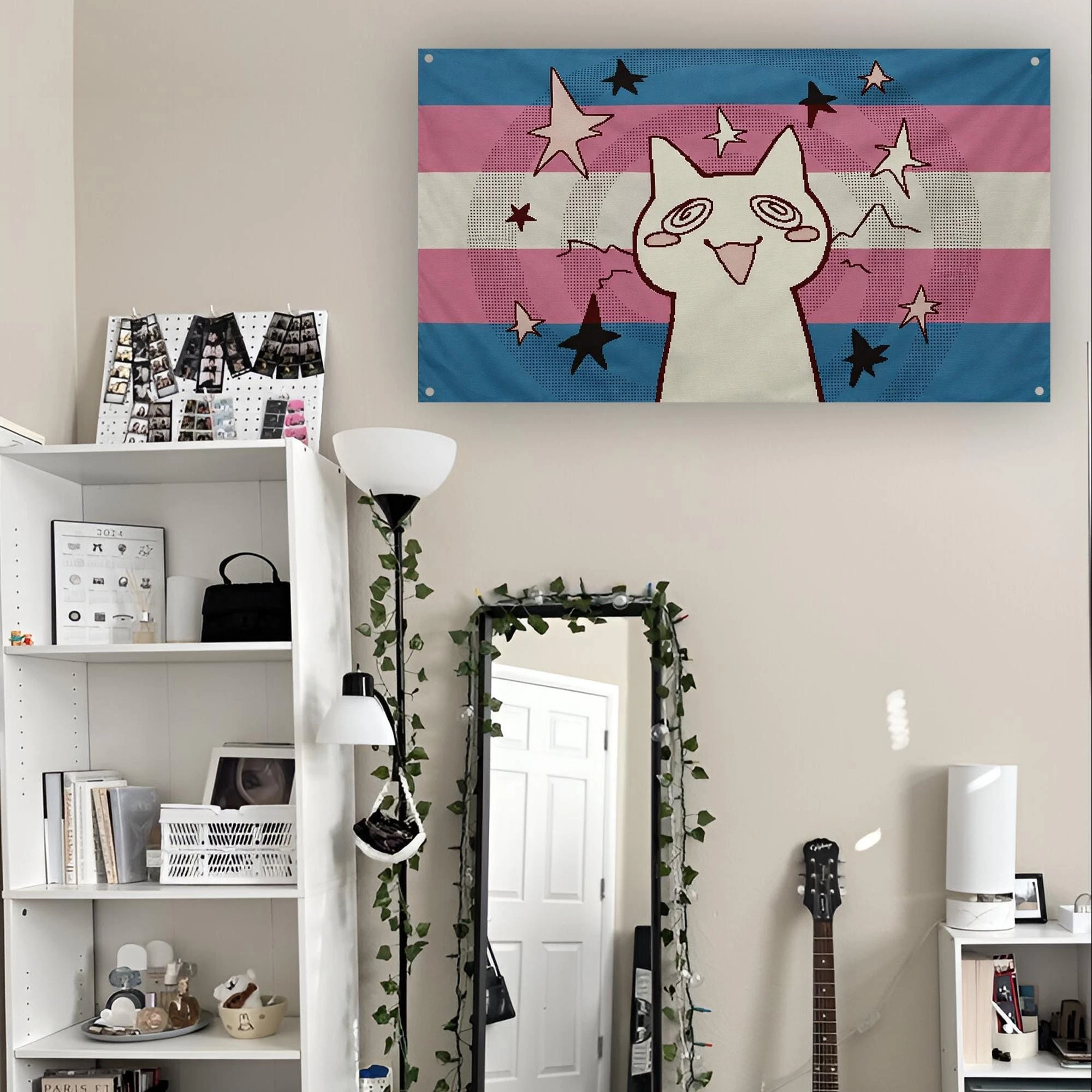 1pc Trans Pride Flag Dizzy Cat Tapestry, Cartoon Star Trippy Cat Transgender Multiple Sizes, Polyester 2D Print, Bedroom Decor,