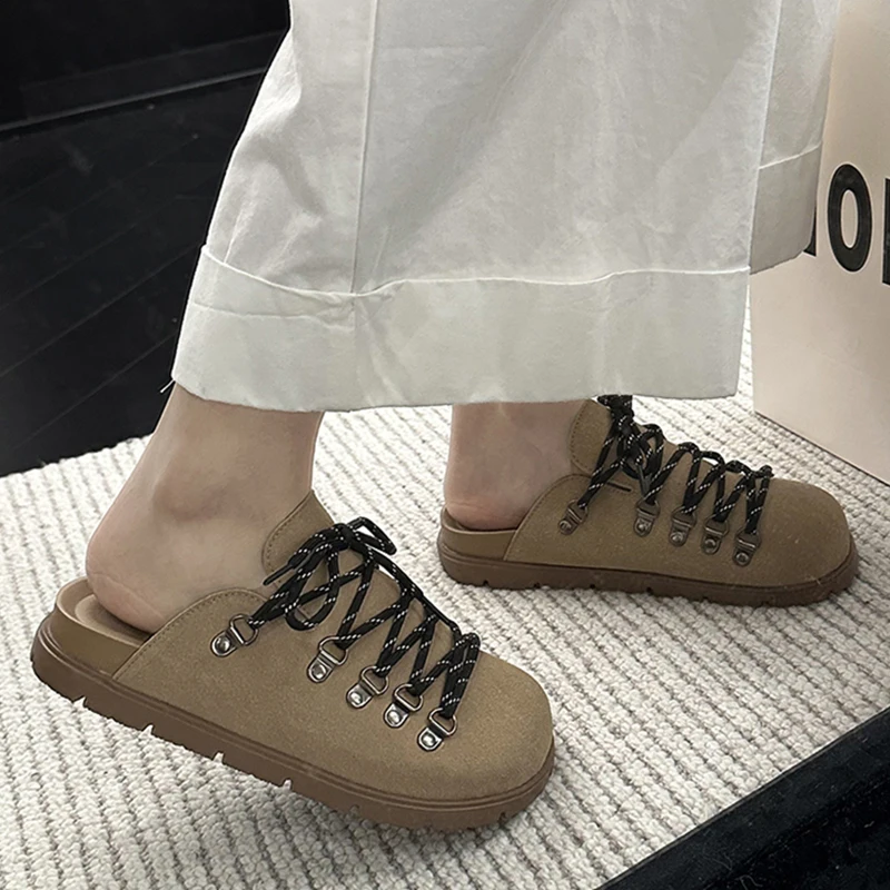 

Летние женские замшевые сандалии с закрытым носком на шнуровке, повседневные шлепанцы, мюли, лоферы, туфли на плоской платформе