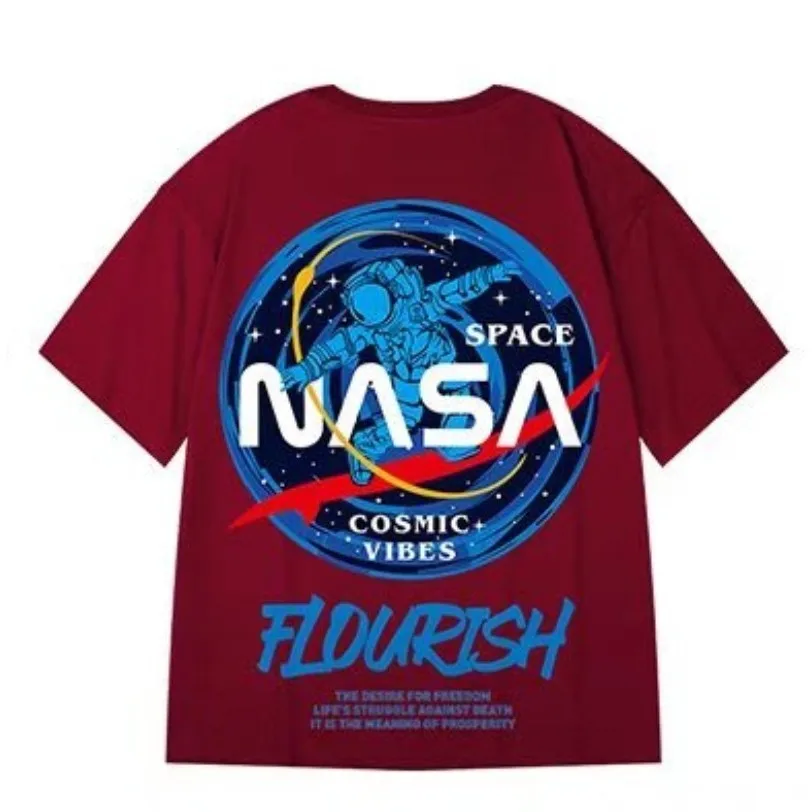 8XL Men Oversized Fashion American Vintage Astronaut NASA pattern Print Short Sleeve Round Neck Versatile Trend Couple outfit image 3