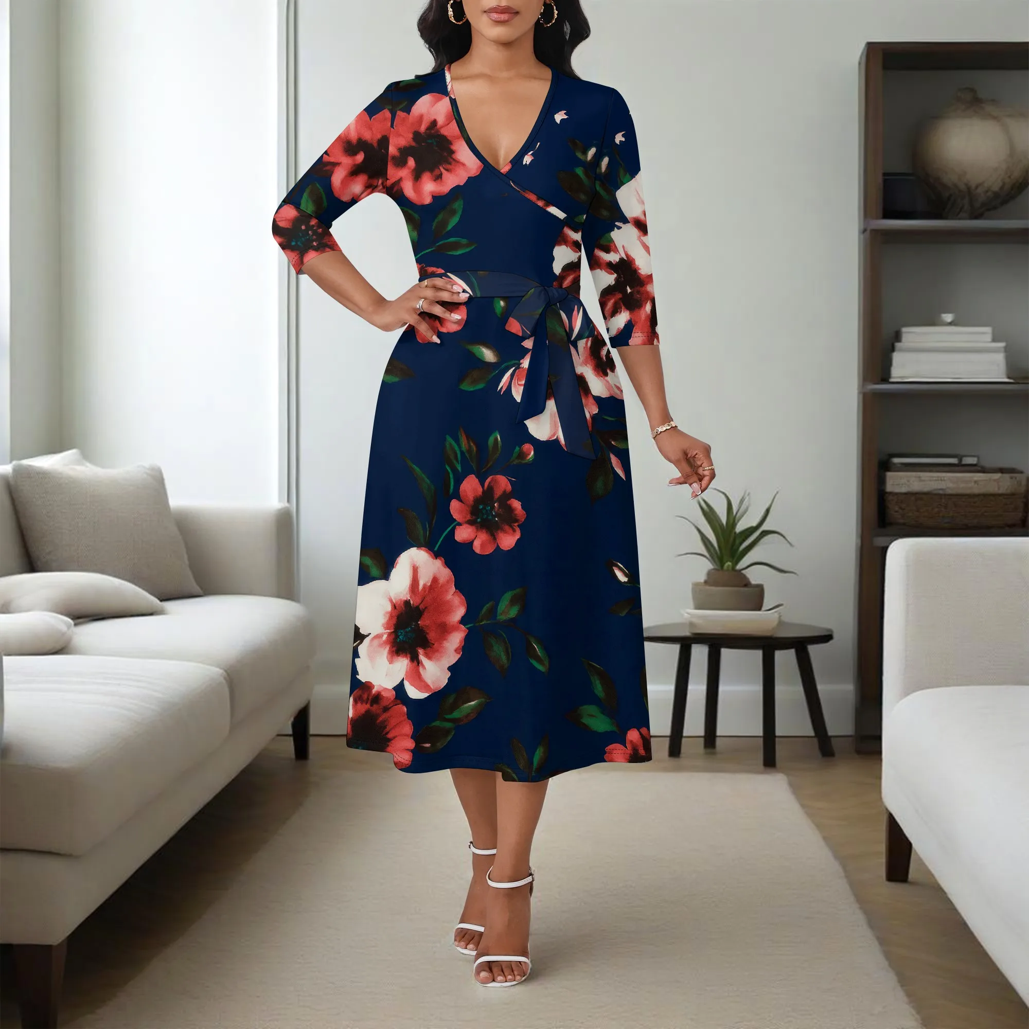 ชุดเดรส Midi สําหรับผู้หญิง 3/4 แขน V คอเอวสูง Casual A-Line Flowy Wrap เข็มขัดอินเทรนด์พร้อมกระเป๋าค็อกเทลปาร์ตี้ชุด