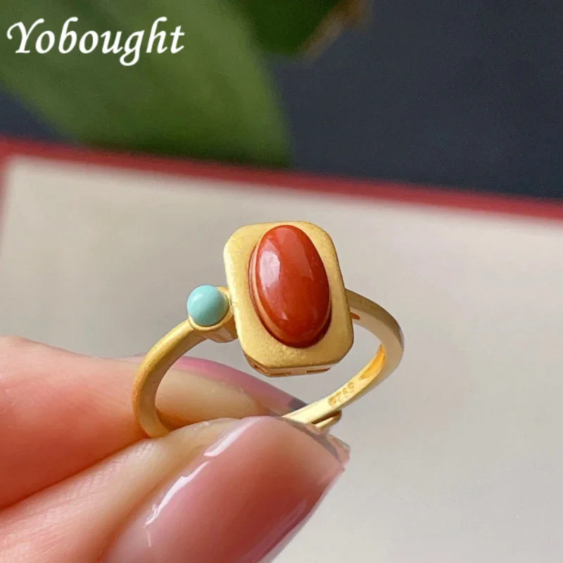 Exquisite Artistic Style Southern Red Tourmaline Square Rings For Women Inlay Turquoise Simple Charm Jewelry Adjustable