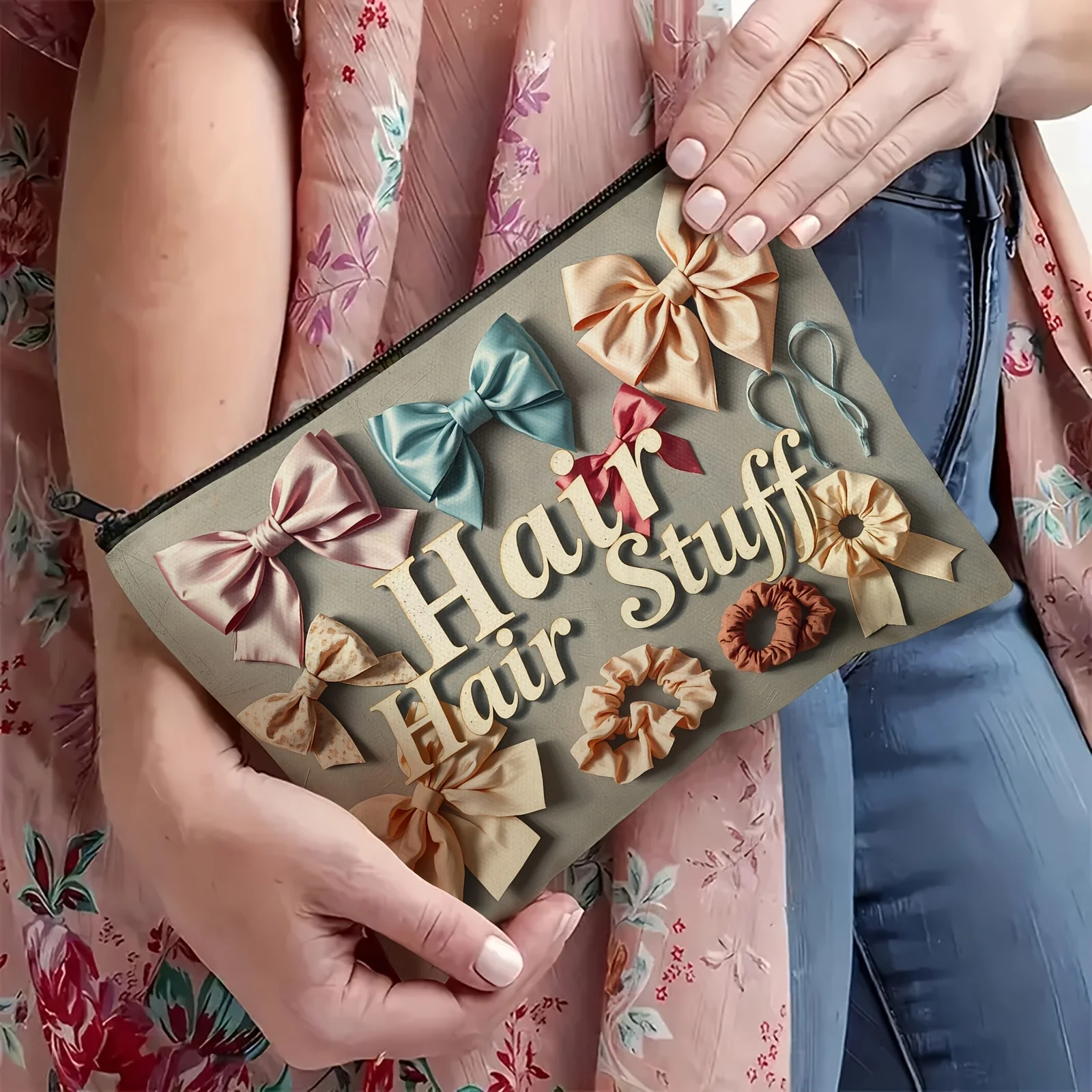 Un sac de maquillage pour accessoires de cheveux à la mode – jolie pochette multifonctionnelle à fermeture éclair pour femmes, sac de rangement de bijoux