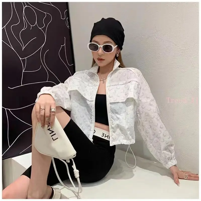 

Loose Half Zipper Coat Korean High Street Fashion Women's Long Sleeve Versatile Sunscreen Coat Summer Casual Thin Printed Moon