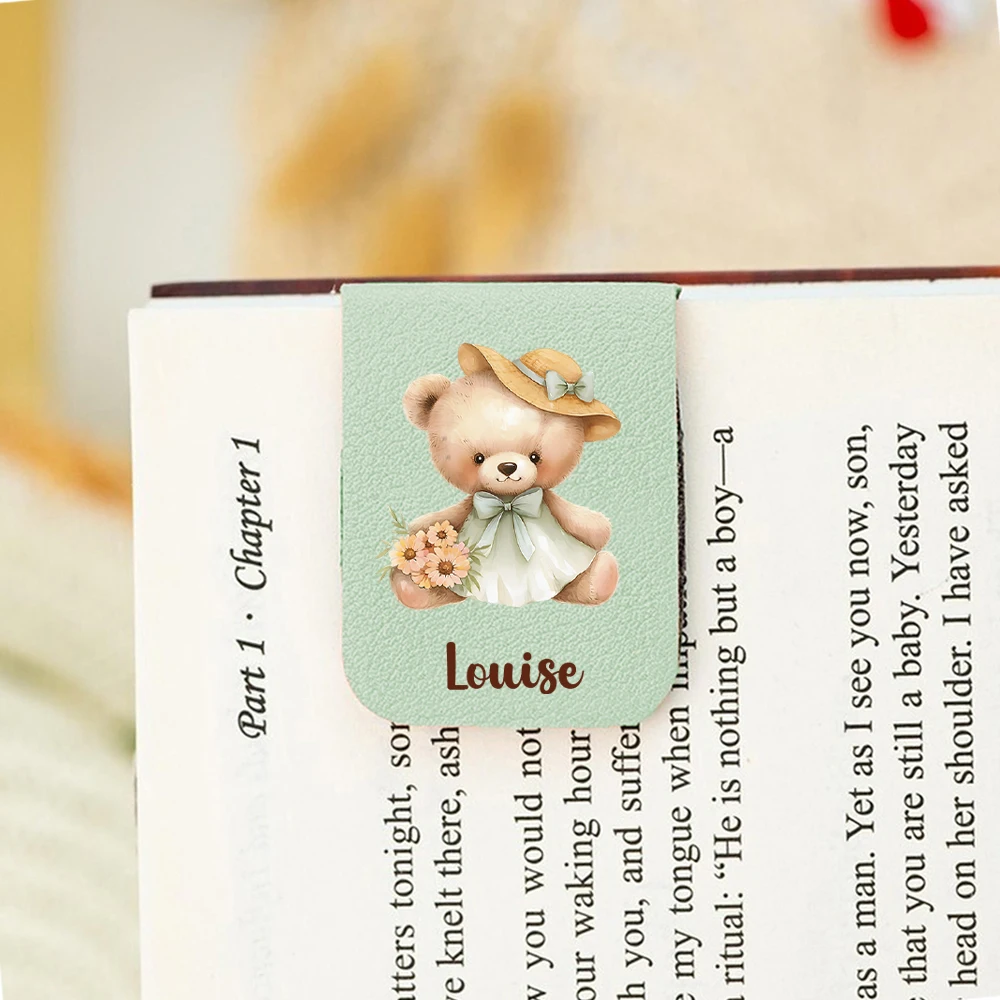1PC Excellent Little bear Customized Name UV Print Aqua Blue Leather book clamp For Friend Gifts