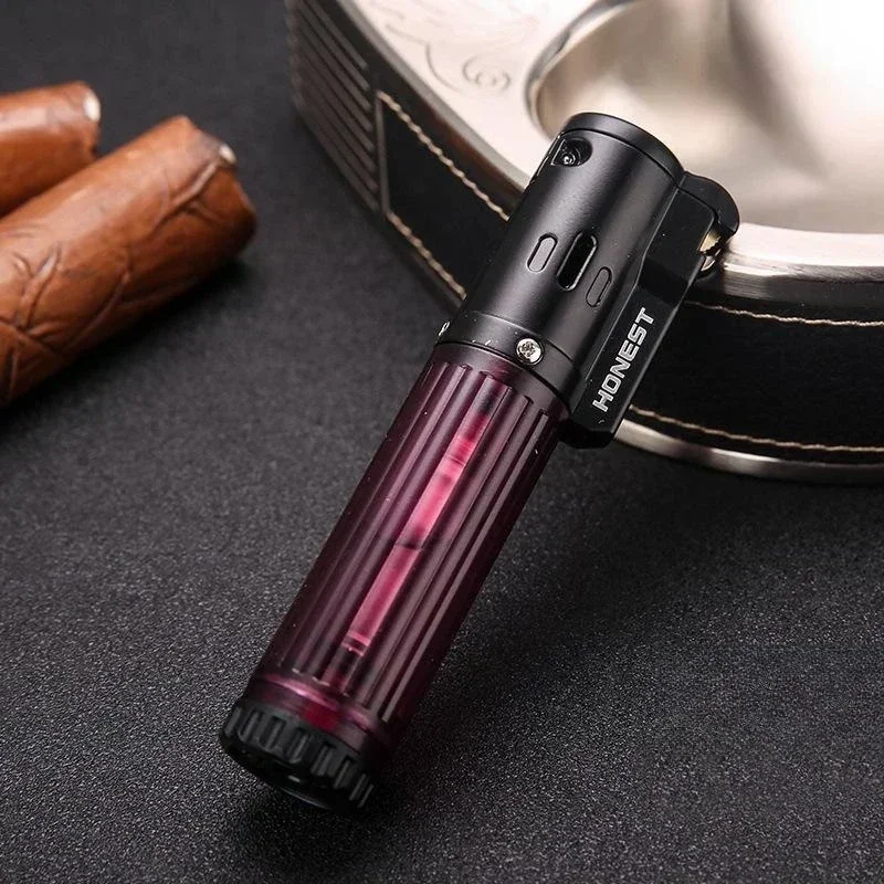Briquet à gaz butane HONEST à flamme bleue, allumage direct, portable, coupe-vent, pour barbecue, cigares, cadeau créatif pour homme