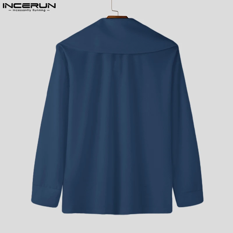 INCERUN New Men Korean Fashion Tops 2024 Casual Long Sleeve Solid Color Shirts Navy Collar Streetwear Male Loose Elegant Outfits