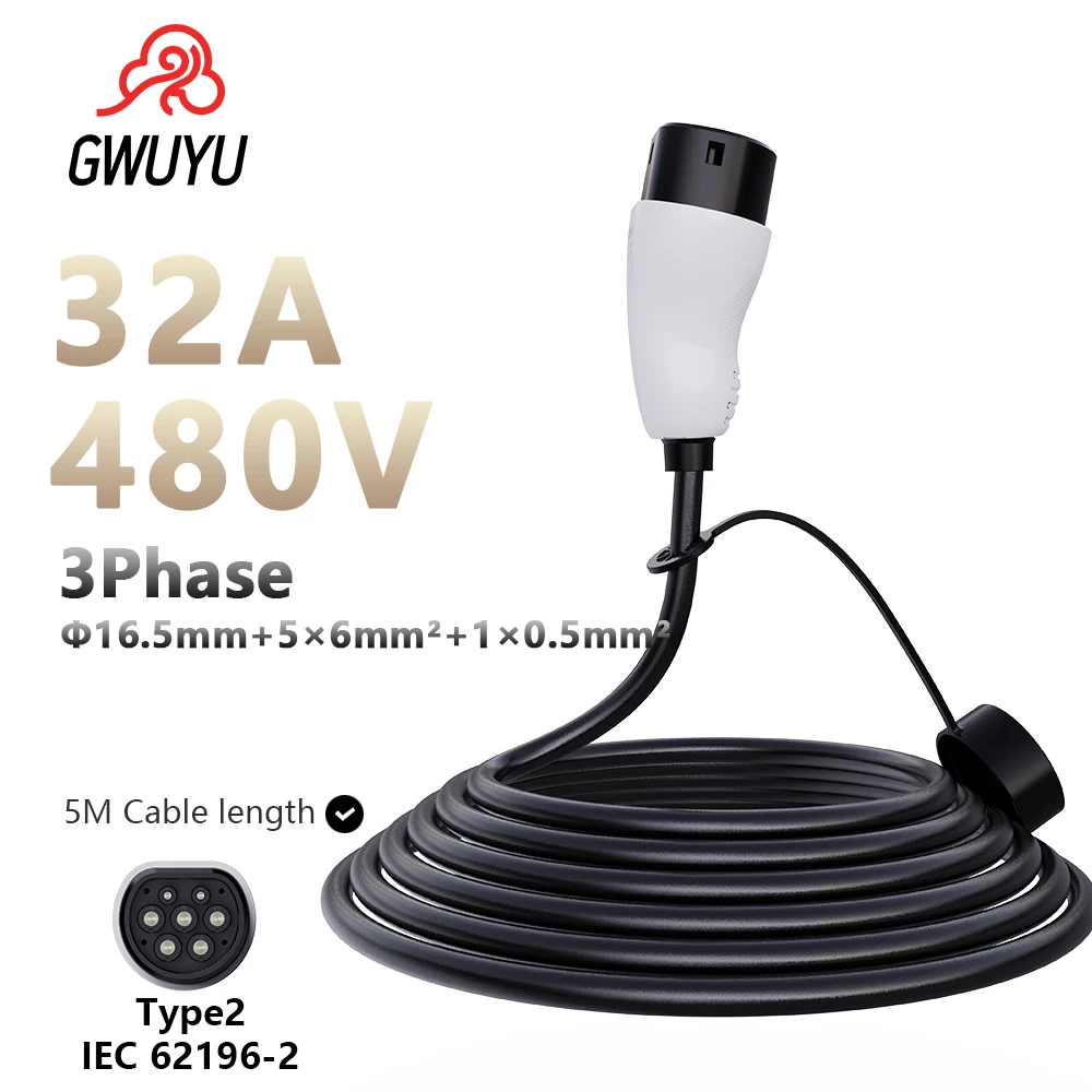 GWUYU O10 Electric Vehicle EV Charging Cable 5M Type 2 Plug 3.5 KW 7KW 11KW 22 KW 16A 32A 3 Phase 480V for Car Charger Station