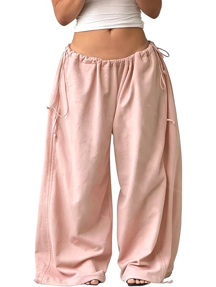 Damen Y2K Baggy Weite Hose mit Elastischem Bund und Verstellbarem Kordelzug, Lässige Lose Bodenlange Hose, Streetwear, Übergröße – Detail 15
