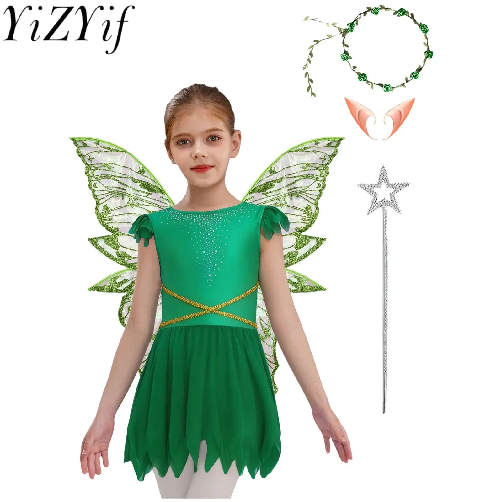 

5Pcs Fairy Elf Cosplay Costume Rhinestone Sleeveless Briefs Dress And Butterfly Wings Fairy Ears Star Fairy Stick Set