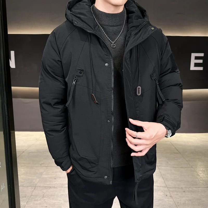 Winter Man Cargo Coat Vintage Solid Color Long Sleeve Male Down Jacket Thicken Windproof Pocket Hooded Outdoor Men Outerwear