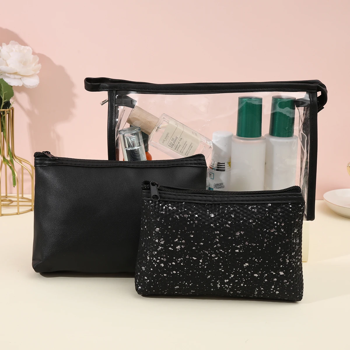 

Three piece set of large capacity PU waterproof cosmetic bag Outdoor travel portable storage bag Ladies' Handheld Makeup Bag