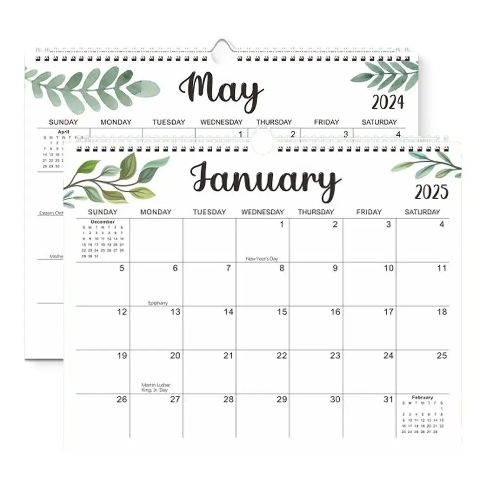 18 Months Leaf Pattern Calendar 2024-2025 Coil Calendar English Calendar Daily Planner Notes Calendar Planner Office Stationery