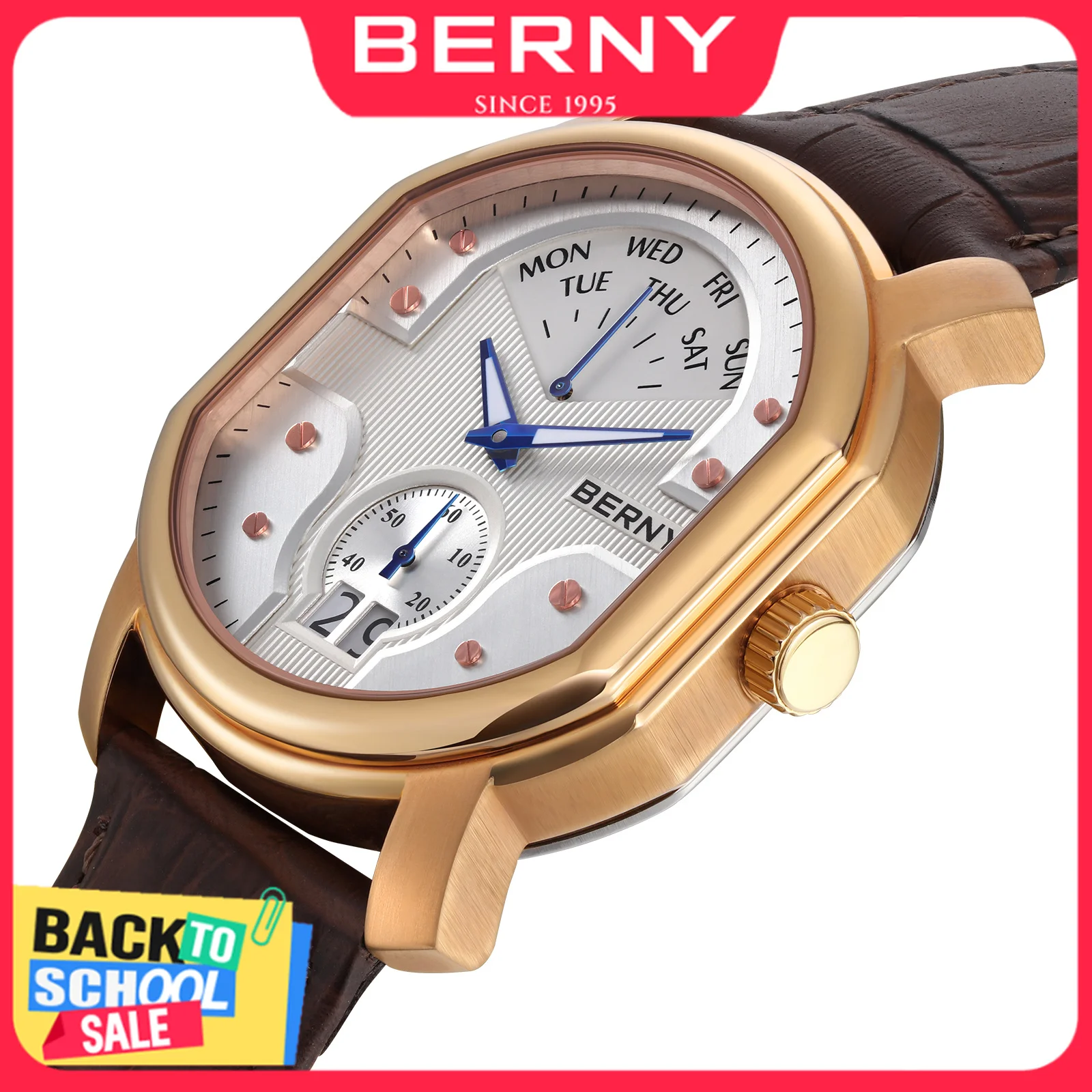BERNY Herren-Quarz-Armbanduhr, luxuriöse Day-Top-Schweizer Ronda 7004N-Uhr, Edelstahl, Sport-Saphir-Tonneau, klassische Uhr für Herren