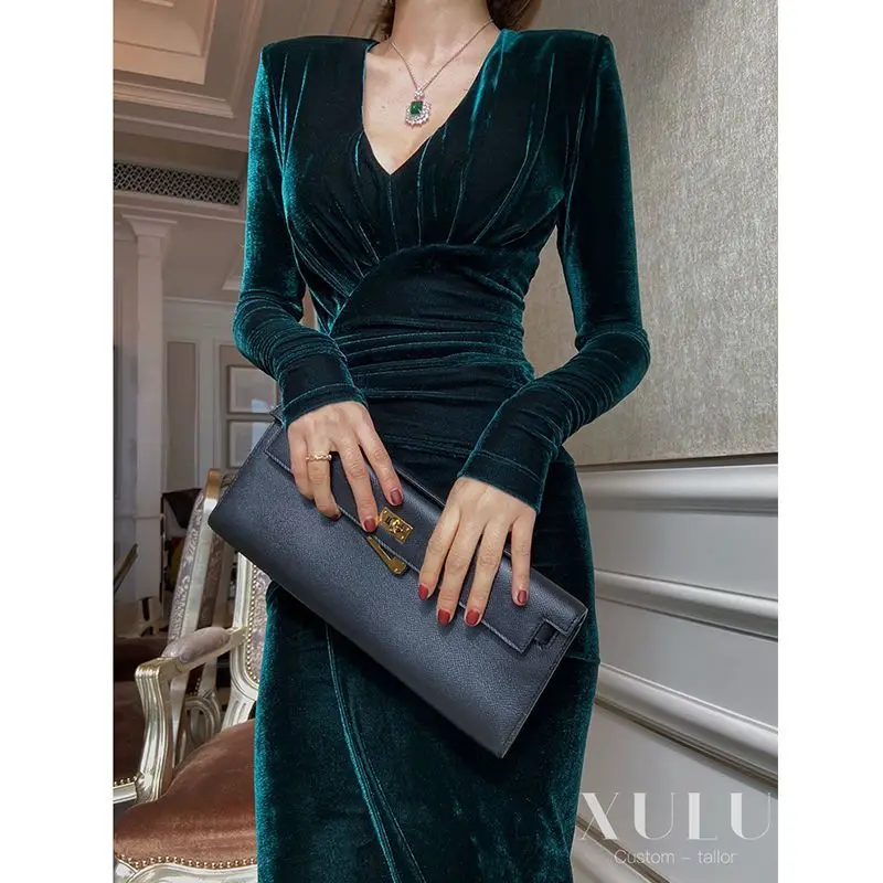 Herfst Winter Effen Kleur V-hals Jurk Slanke Lantaarn Mouw Gebreide Jurken voor Vrouwen Fashion Casual Vestidos Feestjurk TS357