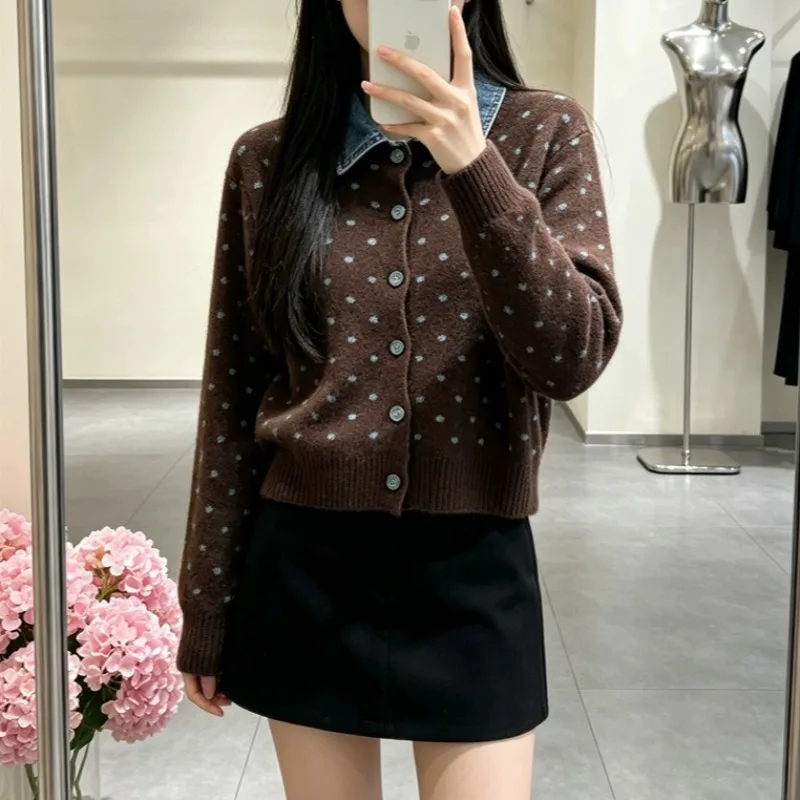 Korean Polka Dot Two-piece Spliced Lapel Knitted Cardigan Autumn Fashion Casual Long Sleeved Sweaters