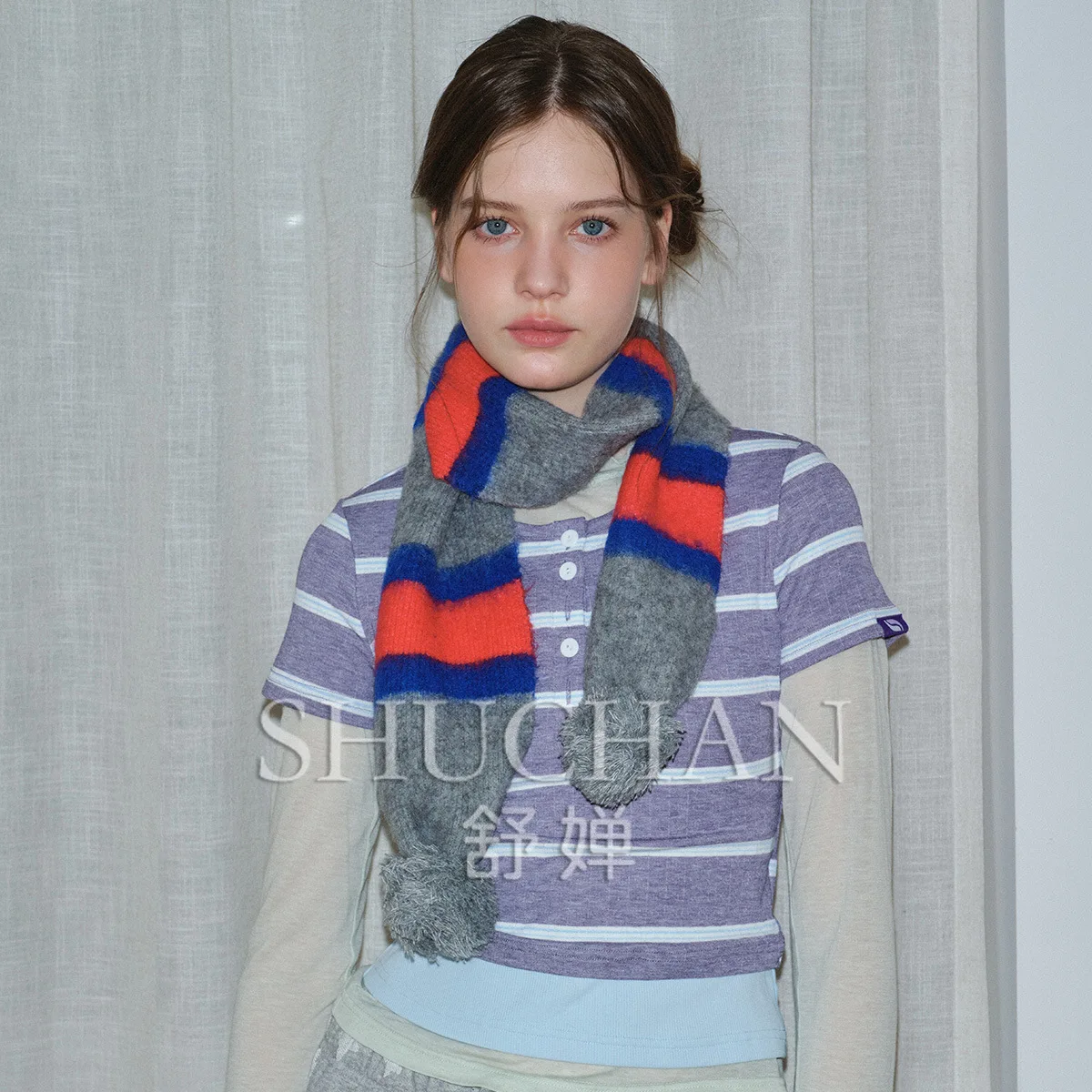 

Дизайнерский вязаный шарф в полоску с начесом, женский зимний зимний шарф для девочек, висящий корейский шарф контрастного цвета