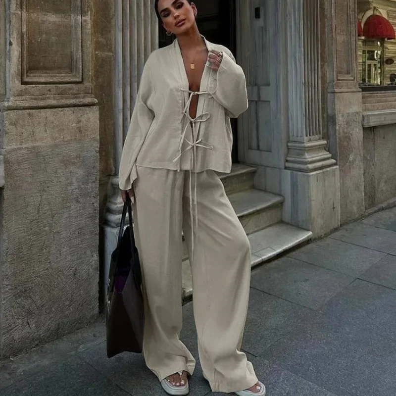 Talenza Autumn Pants Suit Women\'s Solid Long Sleeve Lace-Up V-Neck Shirt Loose Pants Suit Casual Sports Pants Suit 2-piece Set