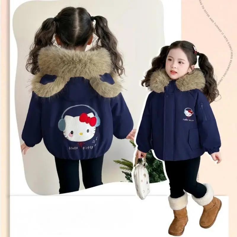 

Sanrio Hello Kitty Girl's Parka Kawaii Y2K Anime Children's Clothing Winter Warm Hooded Coat Casual Oversized Jacket Outerwear